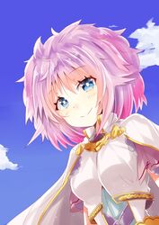  blue_eyes blue_sky blush breasts cape closed_mouth cloud commentary_request copyright_request day female hair_between_eyes highres hizaka looking_at_viewer outdoors purple_hair rance_(series) shirt short_hair sill_plain sky small_breasts smile solo white_cape white_shirt 