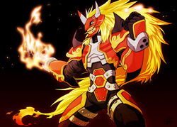  agnimon armor artist_name blonde_hair blue_eyes commentary_request cowboy_shot digimon digimon_(creature) digimon_frontier fire fujihana_(mugenpixel) gloves helmet horns long_hair no_humans oerba_yun_fang open_mouth solo 