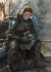  ankle_boots armor between_breasts blood boots braid breasts buckle chainmail closed_mouth commentary couter english_commentary female for_honor full_body gauntlets greaves green_eyes helmet highres holding holding_helmet kim_junghun knight leather leather_boots lips long_sword looking_afar medieval orange_hair outdoors pauldrons photoshop_(medium) plate_armor poleyn realistic ribbed_shirt rondel sanpaku shirt shoulder_armor single_braid sitting smoke solo strap strap_between_breasts tent unworn_headwear unworn_helmet vambraces waist_cape warden_(for_honor) 