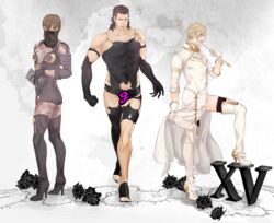  3boys a2_(nier:automata) a2_(nier:automata)_(cosplay) bare_shoulders black_gloves black_thighhighs blindfold blonde_hair boots breasts brown_hair cleavage commander_(nier:automata) commander_(nier:automata)_(cosplay) commentary_request company_connection cosplay crossdressing elbow_gloves final_fantasy final_fantasy_xv fishnets gladiolus_amicitia gloves high_heels highleg highleg_leotard ignis_scientia large_breasts leotard male_focus multiple_boys nier:automata nier_(series) operator_6o operator_6o_(cosplay) prompto_argentum riding_crop soto_(20151217337) square_enix thighhighs torn_clothes veil white_footwear white_gloves 