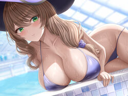  abpart artist_name bikini blue_bikini blurry blurry_background blush breasts brown_hair cleavage closed_mouth collarbone commentary english_commentary female genshin_impact green_eyes halterneck highres large_breasts lisa_(genshin_impact) long_hair looking_at_viewer patreon_username smile solo string_bikini swimsuit wet 