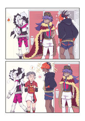  ! 4boys baseball_cap belt bike_shorts black_hair black_hoodie cape champion_uniform commentary_request cropped_jacket dark-skinned_male dark_skin dynamax_band facial_hair fur-trimmed_cape fur_trim gloves hand_in_pocket hat headband heart highres hood hoodie jacket kabu_(pokemon) leggings leon_(pokemon) locker locker_room long_hair male_focus multicolored_hair multiple_boys nyoripoke orange_headband partially_fingerless_gloves piers_(pokemon) pokemon pokemon_swsh purple_hair raihan_(pokemon) red_cape shield_print shirt short_hair short_shorts short_sleeves shorts side_slit side_slit_shorts spoken_exclamation_mark spoken_heart standing sword_print two-tone_hair undercut white_hair white_jacket white_shorts yellow_eyes 