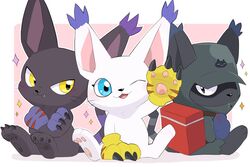  2022 3:2 anthro backpack bandai_namco beady_eyes black_body black_fur blackgatomon blackgatomon_uver. blue_eyes clothing digimon digimon_(species) felid feline felis fur gatomon gloves group handwear hoodie kiirono mammal one_eye_closed shadowed_eyes smile topwear trio white_body white_fur wink yellow_eyes 