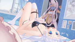  2girls aduo_(xiaoduoxk) ahoge asymmetrical_legwear azur_lane bandeau bikini black_bikini blue_eyes blush breasts chinese_commentary cleavage commentary_request covered_mouth dark-skinned_female dark_skin day facepaint feet_out_of_frame full_body hair_over_one_eye heart heart-shaped_pupils heart_ahoge heterochromia highres horns indianapolis_(azur_lane) indoors large_breasts long_hair lying manga_(object) mechanical_horns medium_breasts multiple_girls navel no_shoes on_back on_bed open_mouth photo_(object) pink_hair portland_(azur_lane) siblings sisters smile socks swimsuit symbol-shaped_pupils thighhighs turtleneck twintails underboob uneven_legwear very_long_hair white_bandeau white_hair white_socks white_thighhighs window yellow_eyes 