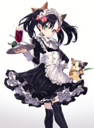  alternate_costume apron bad_id bad_pixiv_id berry_(pokemon) black_dress black_hair black_thighhighs blush bow brown_ribbon closed_mouth commentary dress dusk_ball enmaided female food frilled_apron frills fruit garter_straps gradient_background green_eyes grey_background hair_between_eyes hair_ribbon hairbow hand_on_own_hip highres holding holding_tray ice_cream ice_cream_float leppa_berry long_hair long_sleeves looking_at_viewer maid maid_headdress marnie_(pokemon) morpeko morpeko_(full) namakawa over-kneehighs pink_bow poke_ball pokemon pokemon_(creature) pokemon_swsh ribbon simple_background spoon thighhighs tray twintails white_apron white_background white_bow 