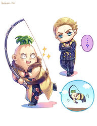  ...? 2boys bad_id bad_pixiv_id beach_boy_(stand) blonde_hair blue_eyes chibi crossed_arms dyresbroom fishing_rod formal green_hair jojo_no_kimyou_na_bouken multiple_boys pesci prosciutto sparkle stand_(jojo) suit vento_aureo 