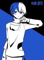  1boy aoyagi_touya blue_background blue_eyes blue_hair blue_theme closed_mouth commentary cosplay expressionless facial_mark flat_color headphones high_contrast kagerou_project konoha_(kagerou_project) konoha_(kagerou_project)_(cosplay) long_sleeves looking_at_viewer male_focus monochrome multicolored_hair numbered pants project_sekai shirt short_hair solo split-color_hair symbol-only_commentary waka_(wk4444) white_hair white_pants white_shirt 