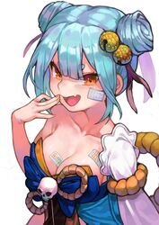  :d absurdres bell blue_hair breasts cleavage collarbone cyberlive detached_sleeves double_bun female hair_bell hair_bun hair_ornament highres inami_yoki jingle_bell kayaya_(kiryuushi) long_sleeves looking_at_viewer medium_breasts oerba_yun_fang ofuda orange_eyes rope shimenawa simple_background single_detached_sleeve skin_fang skull_ornament smile solo upper_body virtual_youtuber white_background 