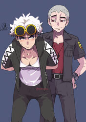  2boys black_jacket black_pants closed_mouth commentary_request eyewear_on_head grey_background grey_hair guzma_(pokemon) highres hood hooded_jacket jacket male_focus multiple_boys nanu_(pokemon) nyoripoke open_clothes open_jacket pants pectoral_cleavage pectorals pokemon pokemon_sm red_eyes red_shirt shirt short_hair short_sleeves simple_background smile squiggle sunglasses sweatdrop white_hair white_shirt yellow-framed_eyewear z-ring 