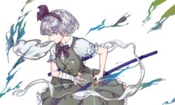  bad_id bad_pixiv_id bandaged_arm bandages black_bow black_bowtie black_hairband black_ribbon bow bowtie commentary cowboy_shot female fighting_stance frills from_side glint green_skirt green_vest grey_hair hair_ribbon hairband katana konpaku_youmu konpaku_youmu_(ghost) ready_to_draw ribbon shirt short_hair short_sleeves skirt smile soku_(bluerule-graypray) solo sword touhou vest weapon white_background white_shirt 