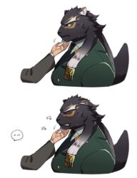  aaassstaro angry chin_scratch clothing disembodied_hand duo embarrassed felid lifewonders male mammal pantherine suit tezcatlipoca_(tas) tokyo_afterschool_summoners wings 