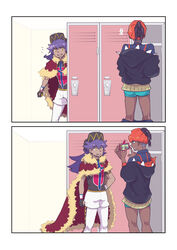  2boys :d baseball_cap black_hair black_hoodie cape champion_uniform commentary_request dark-skinned_male dark_skin dynamax_band facial_hair fur-trimmed_cape fur_trim green_male_underwear hat headband highres holding holding_phone hood hoodie leggings leon_(pokemon) locker locker_room long_hair male_focus male_underwear multiple_boys notice_lines nyoripoke open_mouth orange_headband phone pokemon pokemon_swsh purple_hair raihan_(pokemon) red_cape rotom rotom_phone shield_print shirt short_hair short_shorts shorts smile standing sword_print taking_picture undercut underwear white_shorts yellow_eyes 