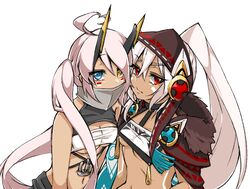  2girls ahoge azur_lane bad_id bad_pixiv_id bandeau blue_eyes breasts brown_hairband cleavage closed_mouth covered_mouth dark-skinned_female dark_skin expressionless facepaint fur_collar hair_between_eyes hairband heart heart_ahoge heterochromia horns indianapolis_(azur_lane) long_hair looking_at_viewer mechanical_horns medium_breasts miina-san minneapolis_(azur_lane) multiple_girls native_american pink_hair ponytail red_eyes simple_background turtleneck twintails underboob upper_body very_long_hair white_background white_bandeau white_hair yellow_eyes 