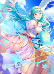  blue_flower blue_hair blue_sky bouquet dress female fire_emblem fire_emblem:_the_blazing_blade fire_emblem_heroes flower hair_ornament hair_ribbon highres light_blue_hair long_hair looking_at_viewer ninian_(bridal)_(fire_emblem) ninian_(fire_emblem) official_alternate_costume pillar red_eyes ribbon sky smile tarayuki tears tiara wedding_dress white_dress 