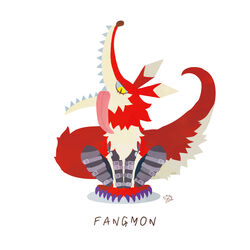  1:1 bandai_namco belt claws digimon digimon_(species) fangmon fangs feral fur leather orange_body orange_fur sharp_teeth simple_background solo teeth tongue tongue_out toony white_background yamuretsu yellow_eyes 