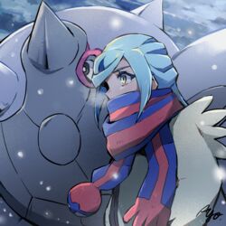  1:1 ayo black_eyes blue_eyebrows blue_hair blue_scarf breath cetitan clothed clothing duo eyebrows generation_9_pokemon grey_body grusha_(pokemon) gym_leader hair human male mammal multicolored_scarf nintendo pokemon pokemon_(species) pupils red_scarf scarf signature white_pupils 