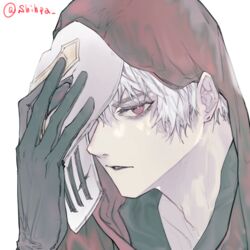  1boy bad_id bad_pixiv_id black_gloves collarbone crack cracked_mask gloves holding holding_mask hood hood_up league_of_legends looking_at_viewer male_focus mask parted_lips portrait red_eyes shihpa simple_background solo twitter_username unworn_mask white_background white_hair zed_(league_of_legends) 