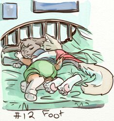  2020 3_fingers 3_toes anthro ass bed bedroom clothing dankitty_(lavilovi) digital_media_(artwork) domestic_cat duo feet felid feline felis fingers furniture kinktober lagomorph lavilovi leporid male male/male mammal paws rabbit sambun_(tim) sleeping toes 