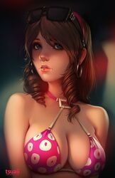  1girls bikini_top blue_eyes brown_hair cleavage clothing drill_hair earrings expressionless fair-skinned_female fair_skin female female_only front_view light-skinned_female light_skin long_hair medium_breasts portrait realistic solo sunglasses tagme tsuaii 