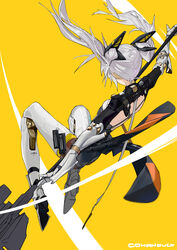  absurdres back_cutout clothing_cutout female from_behind full_body gohanduck hammer high_heels highres jumping karenina:_scire_(punishing:_gray_raven) karenina_(punishing:_gray_raven) looking_down mechanical_hands mechanical_legs punishing:_gray_raven science_fiction solo twintails white_hair yellow_background 