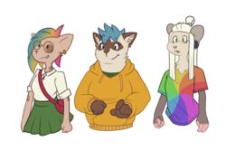  american_opossum anthro blue_hair bottomwear clothed clothing daniela_idril domestic_cat felid feline felis female group gynomorph_(lore) hair hairless hairless_cat hermia_idril hi_res hoodie mammal marsupial model_sheet multicolored_clothing multicolored_hair multicolored_shirt multicolored_topwear olivia_lumence piercing rainbow_clothing rainbow_hair rainbow_shirt rainbow_topwear shirt siamese simple_background simplified skirt sphynx_(cat) stylized the_gentle_giant topwear trans_(lore) trans_woman_(lore) transisters trio virginia_opossum white_background white_hair 