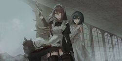  alternate_costume apron black_dress black_hair black_legwear black_ribbon blood blood_on_clothes blue_eyes borrowed_character brown_eyes brown_hair chihuri closed_mouth collared_dress commentary_request dress enmaided frilled_apron frills garter_straps gloves gun hair_between_eyes hand_up handgun hands_up highres holding holding_gun holding_weapon hole indoors juliet_sleeves lace-trimmed_legwear lace_trim long_sleeves maid maid_apron maid_headdress neck_ribbon original parted_lips puffy_sleeves ribbon smith_&amp;_wesson_5906 smoke standing thighhighs torn_apron torn_clothes torn_dress trigger_discipline weapon white_apron white_dress white_gloves window 