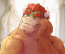  2022 anthro blush bowser bowser_day daydream digital_media_(artwork) dragon eyebrows hair happy hi_res horn koopa male mario_bros muscular muscular_anthro muscular_male mythological_creature mythological_scalie mythology nintendo red_hair scalie shirtless simple_background smile solo spazmaverick 