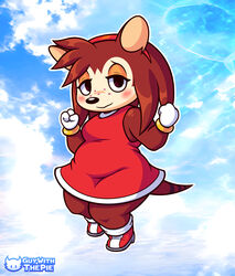  2022 absurd_res alternate_hairstyle animal_crossing anthro black_nose blush bottomwear brown_body brown_fur clothing cosplay eulipotyphlan female footwear freckles fur gloves guywiththepie handwear hedgehog hi_res mammal nintendo quills_(anatomy) sable_able sega skirt slightly_chubby slightly_chubby_female solo thick_thighs 