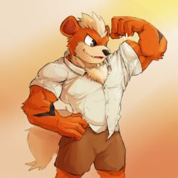  1:1 abstract_background alternate_version_at_source anthro anthrofied bottomwear brown_eyes chest_tuft clothed clothing dress_shirt flexing flexing_bicep flexing_muscles fluffy fluffy_tail fur generation_1_pokemon growlithe hi_res male muscular muscular_anthro muscular_male nintendo orange_body orange_fur pokemon pokemon_(species) shirt shorts solo tail topwear tuft waddledox yellow_body yellow_fur 