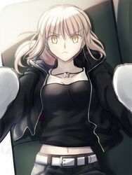  :&lt; animal artoria_pendragon_(fate) belt belt_buckle black_jacket black_shirt blonde_hair breasts buckle canine cavall_the_2nd closed_mouth collarbone commentary_request couch fate/grand_order fate_(series) female hair_between_eyes highres hood hood_down hooded_jacket jacket jewelry looking_at_viewer low_ponytail lying navel necklace official_alternate_costume parody ponytail saber_alter saber_alter_(ver._shinjuku_1999)_(fate) samoyed_(dog) shirt shoori_(migiha) short_hair shorts sleeveless sleeveless_shirt style_parody takeuchi_takashi_(style) v-shaped_eyebrows white_belt white_dog yellow_eyes 