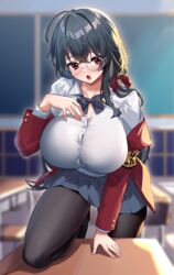  absurdres armband azur_lane black_bow black_bowtie black_hair bow bowtie bra_visible_through_clothes breasts bursting_breasts classroom cleavage desk dishui_tangni female glasses highres huge_breasts indoors long_hair off_shoulder official_alternate_costume open_mouth pantyhose pleated_skirt red_eyes school_uniform skirt taihou_(azur_lane) taihou_(sweet_time_after_school)_(azur_lane) yellow_armband 