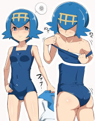  ass blue_eyes blue_hair blue_one-piece_swimsuit breasts bright_pupils closed_mouth clothes_pull covered_navel female hairband hand_on_own_hip hiaburi_tokage holding holding_shirt holding_unworn_clothes lana_(pokemon) looking_at_viewer multiple_views one-piece_swimsuit one-piece_swimsuit_pull pokemon pokemon_sm shirt short_hair simple_background spoken_squiggle squiggle swimsuit unworn_shirt white_background white_pupils white_shirt yellow_hairband 