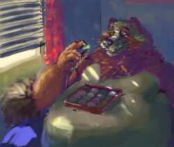  2022 anthro belly big_belly box canid canine claws container curtains food fur furniture light living_room male mammal mochi obese overweight pacific_coyote painting_(artwork) raccoon_dog shaded sofa solo stomach_bulge tanuki window 