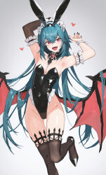  absurdres animal_ears arm_garter armpits arms_up ass_visible_through_thighs bianca_(black_survival) black_footwear black_gloves black_hairband black_leotard black_nails black_survival black_thighhighs blue_hair breasts covered_navel cross-shaped_pupils crossed_bangs demon_wings detached_collar elbow_gloves eternal_return:_black_survival fake_animal_ears female foot_out_of_frame frilled_hairband frilled_leotard frills furrowed_brow gem gloves gradient_background groin hair_between_eyes hairband heart highleg highleg_leotard highres leotard long_hair looking_at_viewer medium_breasts oerba_yun_fang open_mouth playboy_bunny rabbit_ears red_brooch red_eyes red_gemstone shiny_clothes single_elbow_glove skin_fang skindentation smile solo standing standing_on_one_leg strapless strapless_leotard symbol-shaped_pupils teeth thighhighs tongue tunamayo_(dsasd751) very_long_fingernails very_long_hair white_wrist_cuffs wings wrist_cuffs 