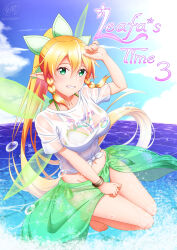  alternate_costume barefoot bikini blonde_hair breasts cleavage clothes_writing comiket_102 commentary_request cover english_text fairy_wings female floating full_body green_bikini green_eyes green_sarong green_wings grin hair_between_eyes hand_up highres ken-ji large_breasts leafa_(sao) long_hair midriff multicolored_bikini multicolored_clothes navel over_water pointy_ears ponytail sarong see-through see-through_sarong see-through_wings shirt short_sleeves signature smile solo swimsuit sword_art_online tied_shirt twitter_username very_long_hair wet wet_clothes wet_shirt white_bikini white_shirt wings 