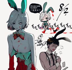  2boys anger_vein animal_ears axe bags_under_eyes black_eyes black_hair blood blood_on_clothes blood_on_face bow bowtie chibi chibi_inset closed_eyes crossdressing curly_hair dark-skinned_male dark_skin detached_collar dungeon_meshi elf english_text fake_animal_ears fishnets grey_hair highres holding holding_axe kabru lazy_eye leotard looking_at_viewer male_focus male_playboy_bunny mithrun multiple_boys necktie nipples notched_ear one_eye_closed partially_undressed playboy_bunny pointy_ears rabbit_ears shirogane_jelly short_hair speech_bubble tearing_up turn_pale uneven_eyes wavy_hair wrist_cuffs 