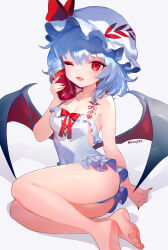  ainy ambiguous_red_liquid barefoot bat_wings blue_hair breasts cleavage cup disposable_cup feet female frilled_one-piece_swimsuit frills hat highres legs looking_at_viewer medium_breasts medium_hair mob_cap oerba_yun_fang one-piece_swimsuit one_eye_closed open_mouth petite red_eyes remilia_scarlet simple_background solo swimsuit toenails toes touhou white_background white_hat white_one-piece_swimsuit wings 