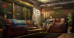  absurdres apartment bamboo black_hair bra condensation cup cyberpunk_(series) female glass glasses guitar highres instrument interior laundry_basket night original plant potted_plant rain red_eyes short_hair shorts smoking spindle_(aidenr0) table underwear 