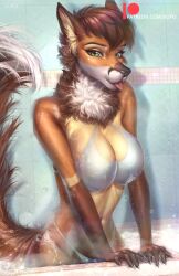  2021 anthro bathtub bikini biped breasts brown_body brown_fur brown_hair canid canine cleavage clothed clothing detailed_background digital_media_(artwork) female fluffy fox fur green_eyes hair half-length_portrait hi_res inside mammal mocha_(mochalattefox) navel orange_body orange_fur partially_submerged patreon patreon_logo photorealism portrait solo swimwear text tongue tongue_out two-piece_swimsuit url wet white_bikini white_clothing white_swimwear xupo 