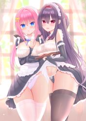  2girls :d :o absurdres alternate_costume apron arm_between_breasts arm_under_breasts ass_visible_through_thighs bare_shoulders between_breasts black_bow black_gloves black_hair black_panties black_shirt black_thighhighs blue_ribbon blurry blurry_background blush bow breasts bright_pupils cat_hair_ornament cleavage clothes_lift commentary cowboy_shot curtains curvy day elbow_gloves enmaided eyes_visible_through_hair fingernails frilled_apron frilled_panties frilled_skirt frills gloves hair_between_eyes hair_intakes hair_ornament hairband hairbow hamidashi_creative hand_up highres iem960088 indoors juliet_sleeves kamakura_shio large_breasts lifting_another&#039;s_clothes lifting_own_clothes long_hair long_sleeves low_twintails maid maid_apron maid_day maid_headdress multiple_girls navel neck_ribbon open_mouth panties pink_hair pleated_skirt puffy_sleeves red_hairband red_ribbon ribbon seductive_smile shirt short_ponytail shy sidelocks skindentation skirt skirt_lift smile straight_hair thigh_gap thighhighs thighs tokiwa_kano tsurime twintails underwear very_long_hair white_apron white_panties white_thighhighs window yellow_bow zettai_ryouiki 