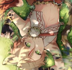  1boy animal_ears arm_up armlet armpits bishounen black_armlet black_nails blonde_hair blurry bokeh close-up closed_mouth crop_top cross-eyed dappled_sunlight depth_of_field earrings ensemble_stars! extra_ears fingernails hand_on_own_head hand_up highres jewelry light_frown male_focus mark_between_eyes navel official_alternate_costume on_grass outdoors sharp_fingernails shino_(sinotaro_) shiratori_aira_(beasts&#039;_survival)_(ensemble_stars!) shiratori_aira_(ensemble_stars!) shirt simple_flower solo stomach striped_tail sunlight tail upper_body upside-down white_shirt 