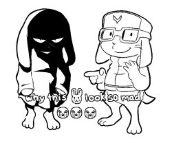  2024 3_toes 5_fingers anthro barefoot bottomless bottomless_male cave_story clothed clothing duo edaline emoji english_description english_text eyewear featureless_crotch feet fingers gesture glasses half-closed_eyes hand_gesture happy humor jack_(cave_story) king_(cave_story) lagomorph male mammal meme mimiga monochrome narrowed_eyes pointing pointing_at_another scar silly tail text toes 