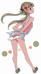  :d arms_behind_back bare_legs commentary_request female flower full_body green_eyes green_footwear green_hair grey_overalls hair_flower hair_ornament happy headband kneepits long_hair looking_back mallow_(pokemon) mxkjxm_(nhss2337) open_mouth overalls pink_flower pink_shirt pokemon pokemon_sm shirt shoes smile solo teeth twintails upper_teeth_only white_background 