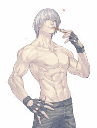  1boy abs blue_eyes dante_(devil_may_cry) demon_boy devil_may_cry_(series) devil_may_cry_3 eating fingerless_gloves food gloves holding holding_food holding_pizza male_focus muscular muscular_male pizza smile solo talgi toned toned_male topless_male upper_body white_hair 