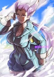  absurdres artist_name blue_feathers blue_suit blue_unitard breasts cleavage collarbone daxeraivi feathers female gloves goggles grin helmet highres holding holding_helmet long_hair long_sleeves medium_breasts pilot_helmet pilot_suit pokemon pokemon_oras ponytail purple_eyes purple_hair smile solo suit unitard unworn_headwear winona_(pokemon) 