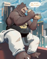  anthro barefoot bear belly ben_bigger biceps brown_body brown_fur city city_background cityscape clothing eating english_text feet food fur hi_res lunkbunn male mammal mihoyo musclegut muscular overweight sandwich_(food) shirt sitting solo tank_top text topwear zenless_zone_zero 