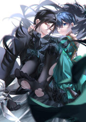  2boys absurdres bare_shoulders bishounen black_hair black_suit black_trim blue_eyes blue_hair blurry blurry_foreground carrying carrying_person ciel_phantomhive closed_mouth cosplay crossdressing dark_blue_hair dress earrings eyepatch fangs feet frilled_dress frilled_sleeves frills gothic_lolita green_dress hair_between_eyes highres jewelry kuroshitsuji lolita_fashion looking_at_viewer male_focus medical_eyepatch multiple_boys off-shoulder_dress off_shoulder open_mouth pantyhose sebastian_michaelis short_hair sieglinde_sullivan sieglinde_sullivan_(cosplay) signature suit toritoki_(1301237579) torn_clothes torn_pantyhose white_background yaoi 