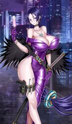  belt breasts cleavage collarbone dress fate/grand_order fate_(series) feather_boa female gloves gun holster honjou_raita jewelry katana knife kunai large_breasts long_hair looking_at_viewer minamoto_no_raikou_(fate) necklace off_shoulder official_art parted_bangs purple_dress purple_eyes purple_gloves purple_hair side_slit smile solo sword thigh_strap thighs very_long_hair weapon 