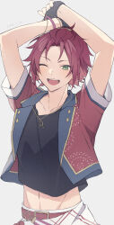  1boy 2024 ;d absurdres arms_up belt bishounen black_gloves black_shirt bracelet crossed_wrists dated ensemble_stars! fingerless_gloves gloves green_eyes grey_background groin hand_on_own_head highres isara_mao jacket jewelry lapels male_focus midriff_peek navel necklace one_eye_closed open_clothes open_jacket pants red_belt red_jacket reijiro shirt short-sleeved_jacket short_sleeves simple_background smile solo standing star_(symbol) star_necklace stretching t-shirt teeth tongue upper_teeth_only white_pants yellow_trim 