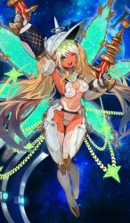  andromeda_(fate) arm_up armpits bare_shoulders blonde_hair blush boots bra breasts chains cleavage dark-skinned_female dark_skin diamond_hairband energy_gun fate/grand_order fate_(series) female gloves gold_teeth green_eyes helmet jaws knee_boots lack large_breasts long_hair looking_at_viewer low_twintails multicolored_hair official_art one_eye_closed open_mouth panties ray_gun sidelocks smile solo thighhighs twintails two-tone_hair underwear weapon white_bra white_footwear white_gloves white_hair white_panties white_thighhighs 